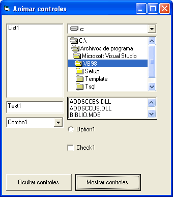 vista del ejemplo para animación de controles y objetos en windows desde vb