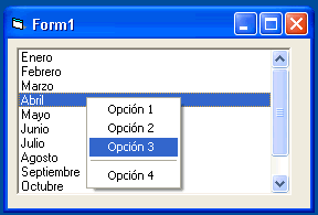vista del formulario con el menú  popup desplegado al seleccionar un Item del control listbox con el botón derecho del ratón
