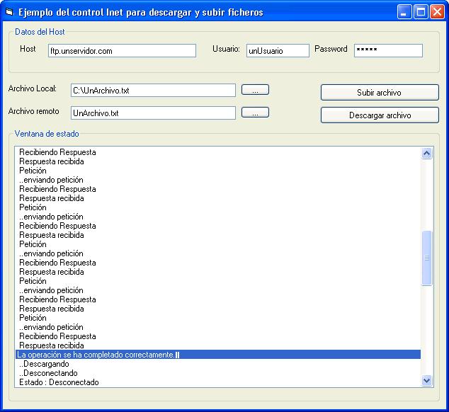 vista del formulario de ejemplo para bajar y subir archivos de un servidor ftp