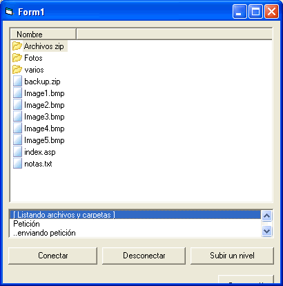 vista del formulario dejemplo para poder listar  archivos y directorios usando el control Inet de visual basic