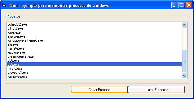 vista del formulario de ejemplo para usar y manipular procesos de windows mediante Wmi - Windows management instrumentation