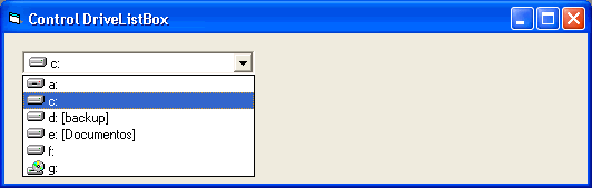 Vista previa del control Drive List Box de Visual basic que permite visualizar las unidades del sistema