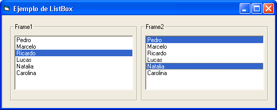 Vista previa de un control ListBox de Visual Basic