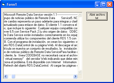 vista del formulario de ejemplo para cargar un archivo plano de texto en un text