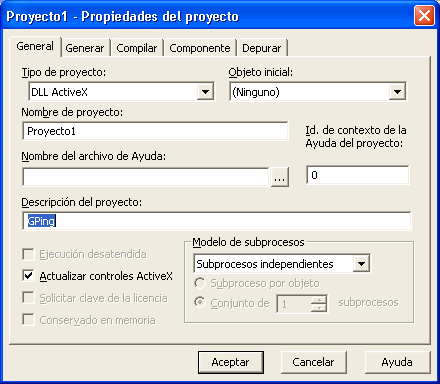 vista de la ventana de Propiedades de proyecto para establecer el nombre de la Dll Activex