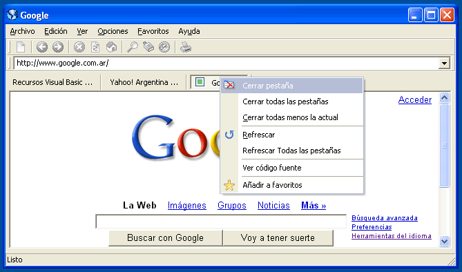 vista previa del navegador web con pestañas