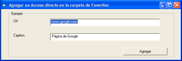 Vista del formulario para agregar un acceso directo al menú Favorito de windows usando el api