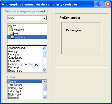 vista del formulario con los controles para crear el ejemplo de animación de imagenes