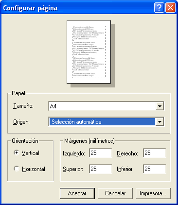 vista del commondialogo para configuracion de página