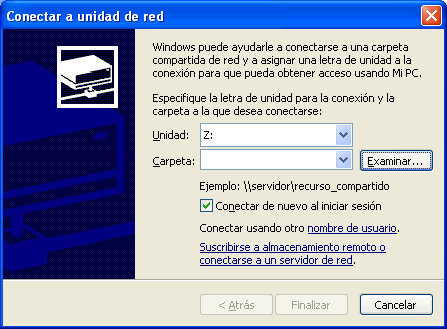 vista previa del diálogo para mapear una unidad de red