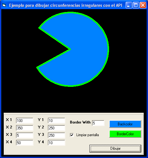 EVista del ejemplo del Api Pie para dibujar en un Hdc circunferencias irregulares