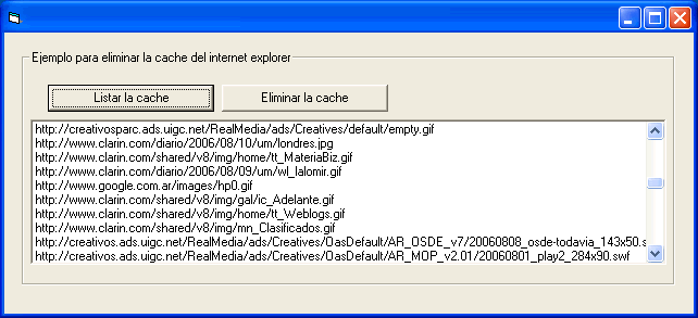 Vista del Ejemplo en visual basic que utiliza un módulo de clase para manipular la cache del internet explorer