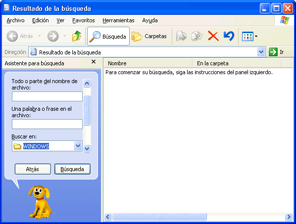 vista de la ventana de resultado de búsuqeda de windows