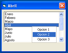 vista del formulario de ejemplo con el popup menu en el listbox