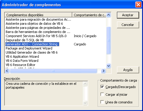 vista del administrador de complementos de Visual basic para cargar el complemento