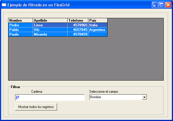 vista del ejemplo en visual basic para poder filtrar y buscar datos en un FlexGrid