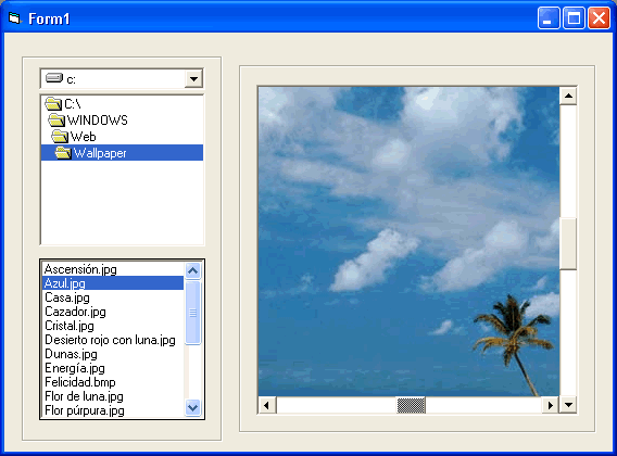 vista previa del ejemplo en visual basic para descargar que permite utilizar un control de imagen con barras de scroll y también poder centrar el gráfico en el mismo