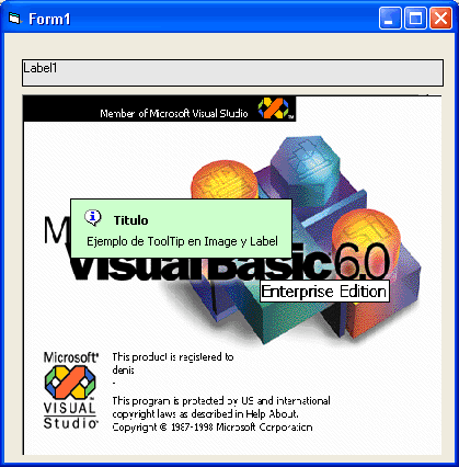 Vista del ejemplo en Visual basic para  implementar ToolTipText multilinea  en controles image y etiquetas