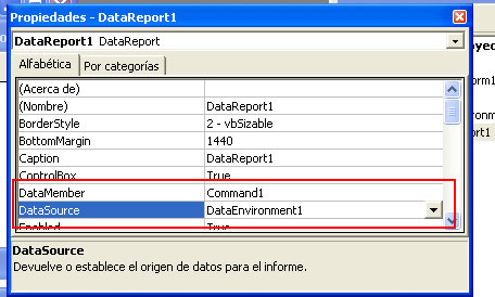 Vista previa  de las propiedades Datasource y DataMember