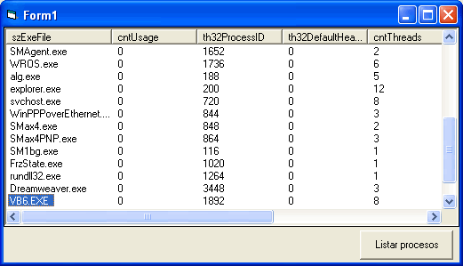 listar procesos y programas mediante el Api
