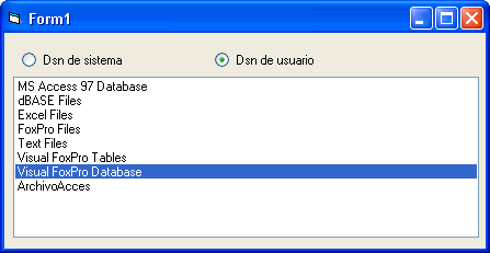 Vista del formulario con el listbox para listar los Dsn de usuario y de sistema