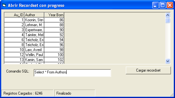vista del formulario de ejemplo para abrir un recordset ado y ver el progreso de carga de registros