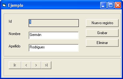 vista del formulario para visualizar los registros de la base de datos mediante Ado