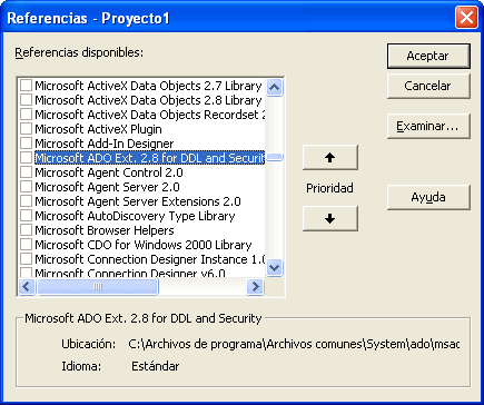 vista de la ventana de referencias de visual basic para incluir ADOX al proyecto