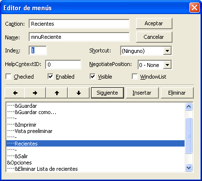 vista del editor de mnú de visual basic para crear el array de menúes