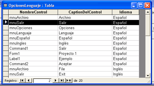vista de la tabla con los campos que tiene la base de datos para configurar las opciones