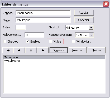Editor de menues para poner la propiedad visible en false