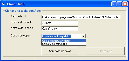 vista del formulario para poder copiar y clonar tablas usando adox y jro