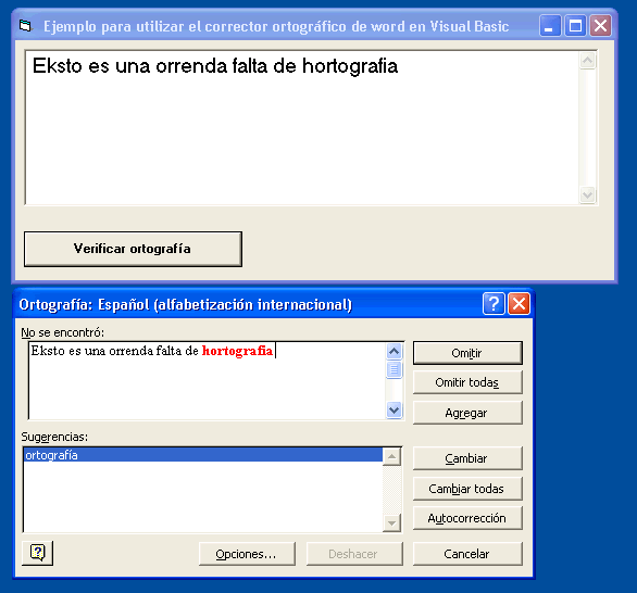 Vista del ejemplo en visual basic que permite utilizar por medio de automatización el corrector ortografico de microsoft Word