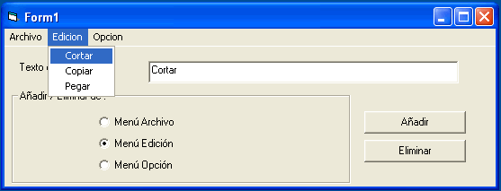 vista del formulario de ejemplo para crear menues dinámicos
