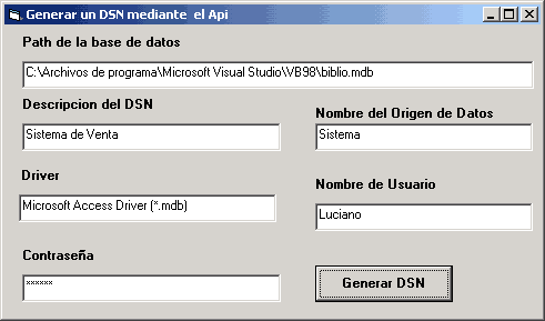 Vista previa del ejemplo que utiliza el Api SQLConfigDataSource para crear un Dsn