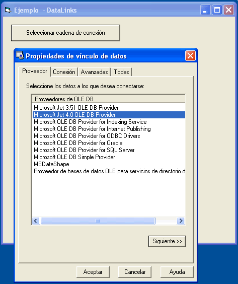 vista del diálogo propiedades de vínculo de datos de windows