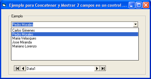 vista del ejemplo que utiliza el control Dbcombo para concatenar 2 o mas campos de una tabla de access