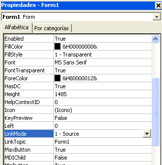 vista de la ventana de propiedades del formulario servidor para establecer la propiedad LinkMode coo fuente de la conversación DDE