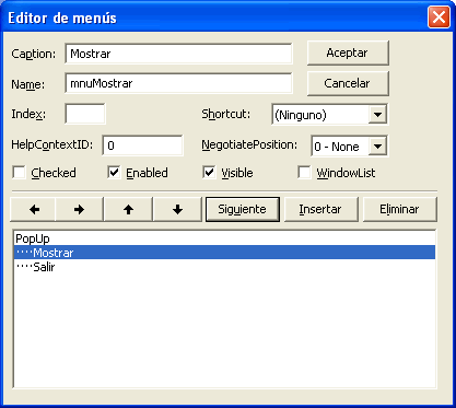 vista del editor de menu de visual basic
