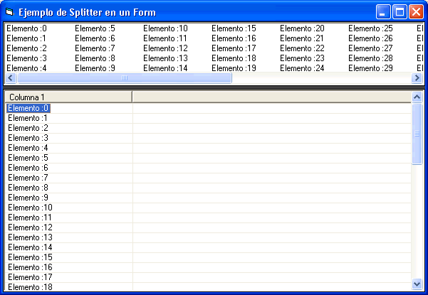 Vista del ejemplo en visual basic para crear una barra separador - Splitter