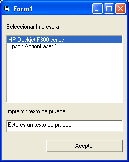 formulario para seleccionar la impresora que se usará para poder imprimir desde nuestro programa