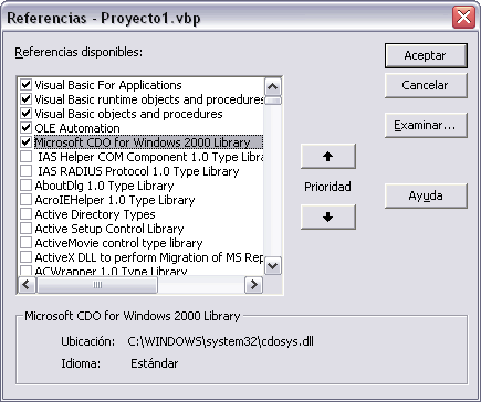vista de la ventana para agregar la referencia a Microsoft CDO