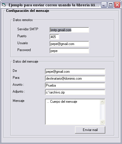 vista previa del formulario de ejemplo para enviar el correo electrónico