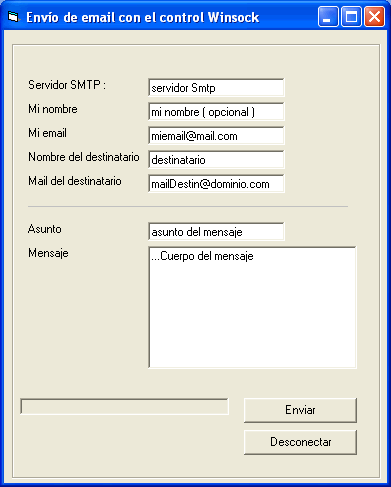 vista del formulario de ejemplo para envio de correo mediante el Microsoft winsock control 6.0
