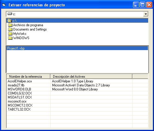 vista del ejemplo para listar los archivos de referencia de un proyecto vb - ocx, dll y librerías