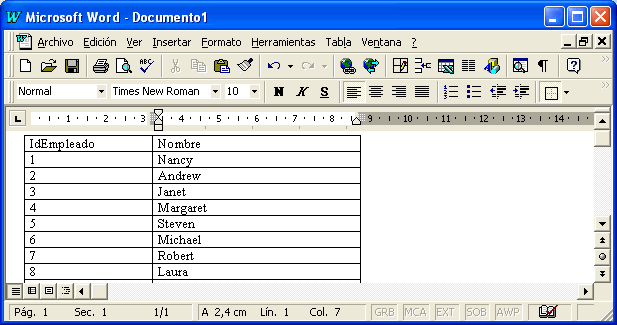 vista de la tabla de word con los datos