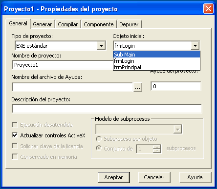 Vista de la ventana de propiedades de proyecto de visual basic para indicar el objeto inicial que arranca el programa