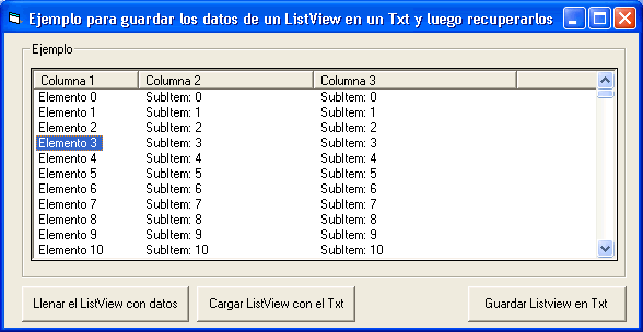 vista del ejemplo en visual basic para exportar un ListView a un archivo y luego poder volver a cargar el contenido