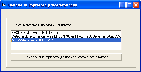 Vista del ejemplo para cambiar la impresora por defecto del sistema