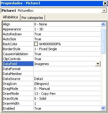vista de la ventana de propiedades d visual basic para especificar la propiedad DataField del control Picture